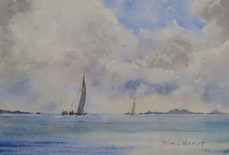 seascape, sea, boat, sailboat, sky, clouds, original watercolor painting, oberst